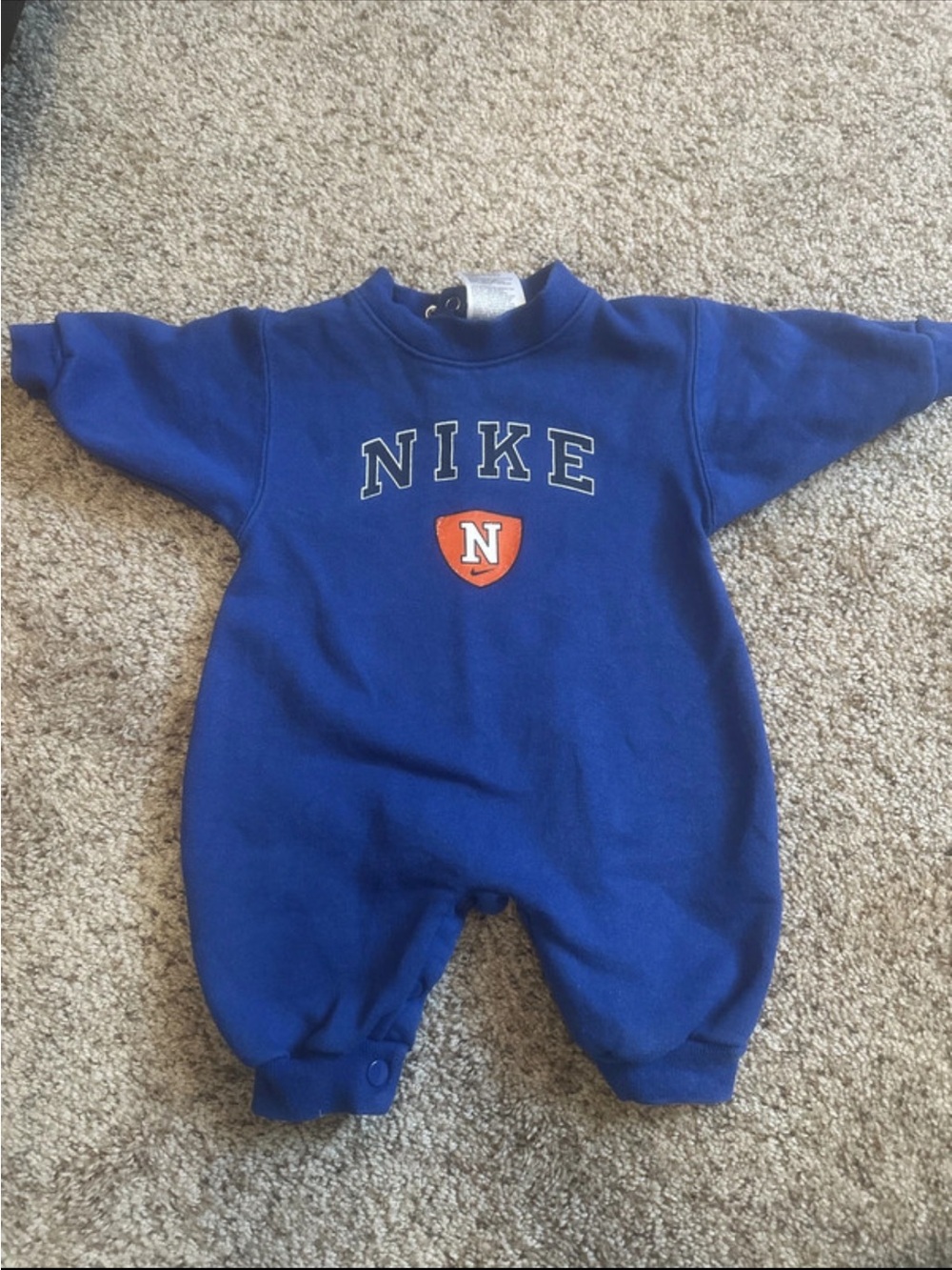 Vintage Nike Royal Blue Infant One-Piece with Orange Shield Logo